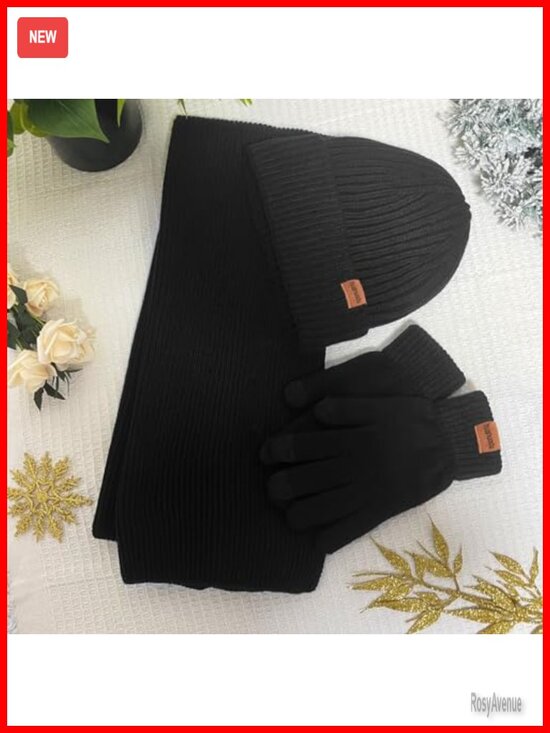 Knitted Fleece Lined Beanie Hat Scarf Touchscreen Gloves Set Winter Set main image 6
